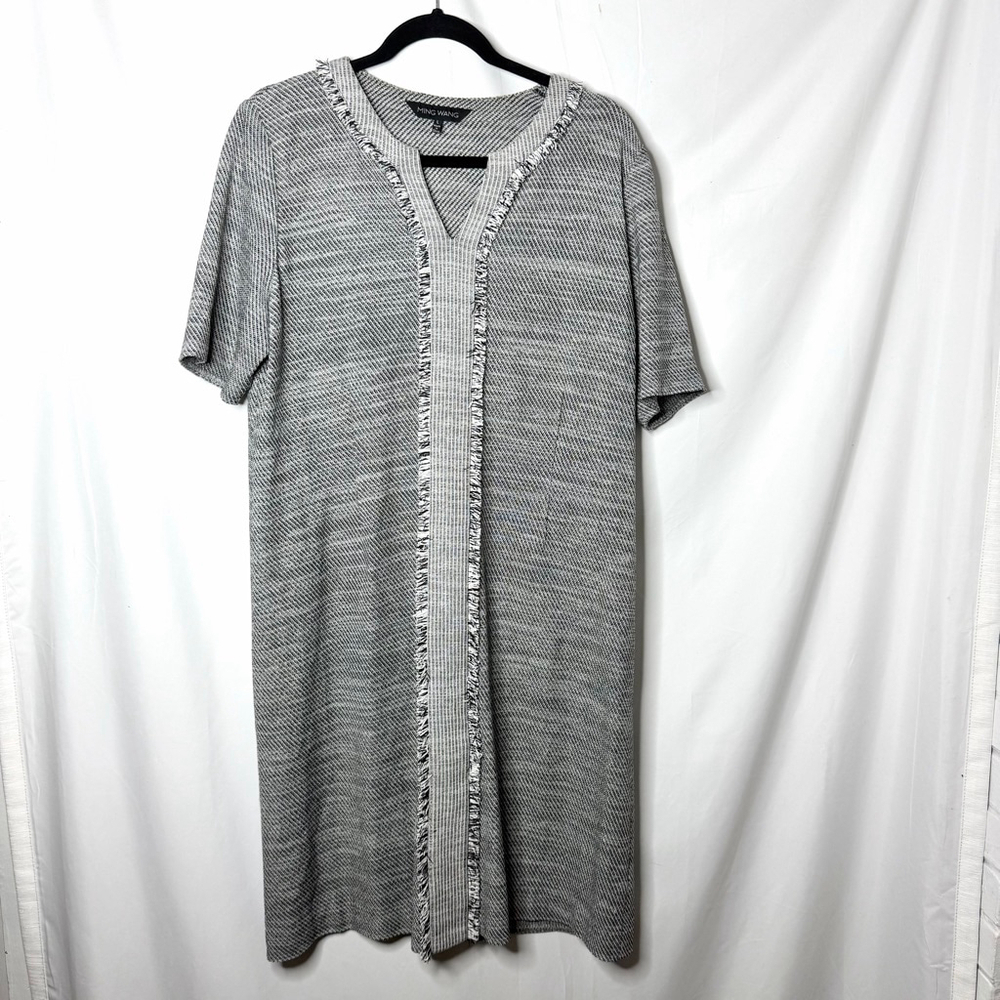 MING WANG Gray White Knit Fringed V-Neck Dress L